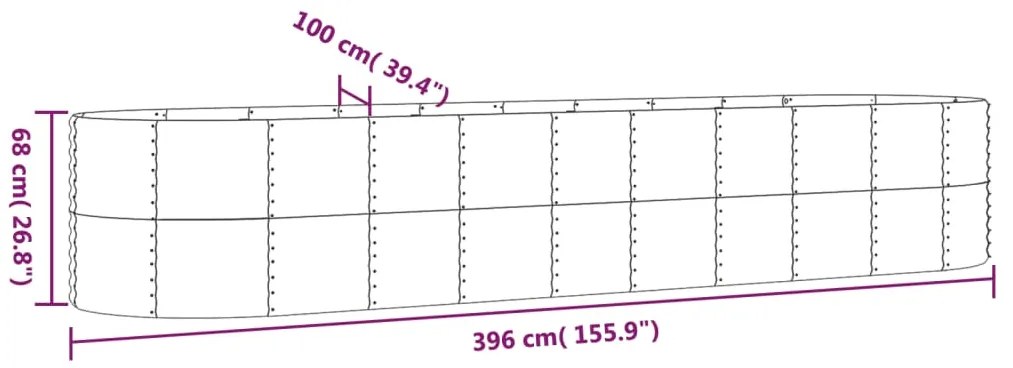 Canteiro elevado jardim 396x100x68 aço revestido a pó prateado