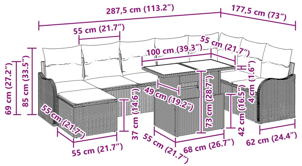 Conjunto de Sofá de Jardim de 9 Peças com Almofadas Preto Rattan Polié