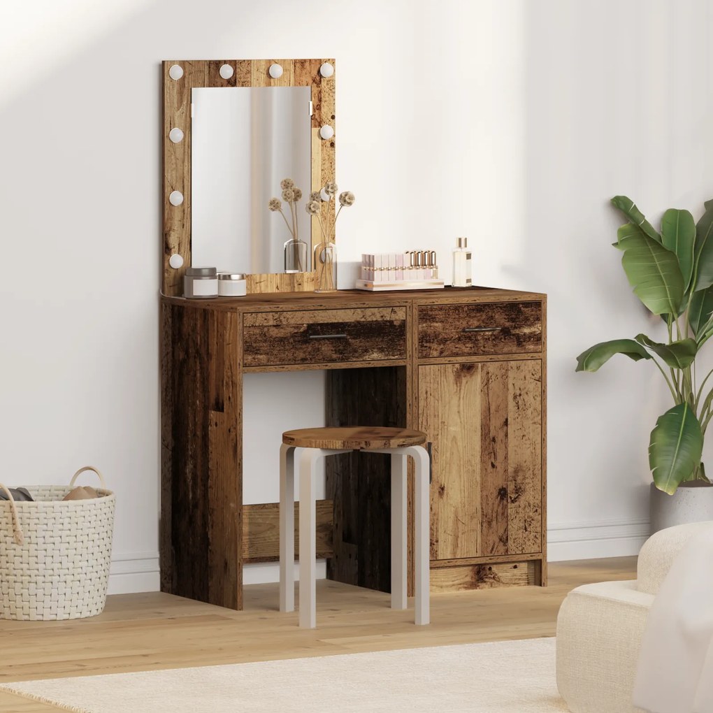 vidaXL Conjunto de Mesa de Maquiagem com LED em Acabamento de Madeira Velha