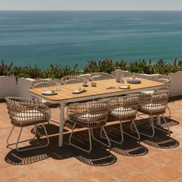 Conjunto De Mesa Retangular Extensível 240-300x100 Cm Mareiran E 8 Cadeiras De Jardim Em Alumínio E Rattan Sintético Isaran Gardénia Branco - Sklum