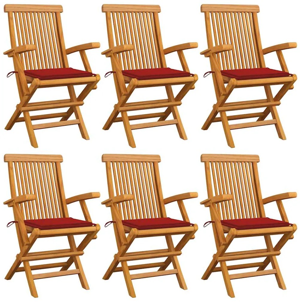 Cadeiras de jardim c/ almofadões vermelhos 6 pcs teca maciça