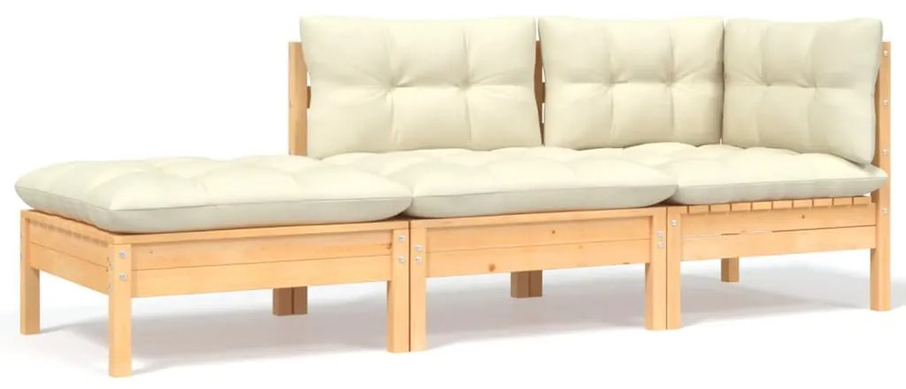 vidaXL 3 pcs conjunto lounge jardim c/ almofadões creme pinho maciço