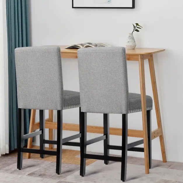 Conjunto de 2 bancos de bar em altura de balcão com pernas de madeira em tecido de linho respirável para cozinha 42,5 x 53 x 96 cm Cinzento