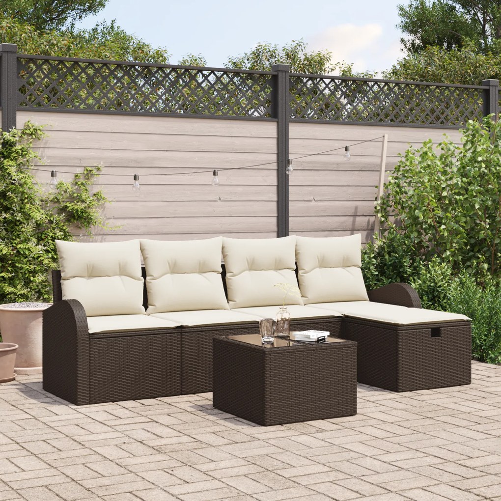 Conjunto de Sofá de Jardim de 6 Peças com Almofadas Castanho Rattan