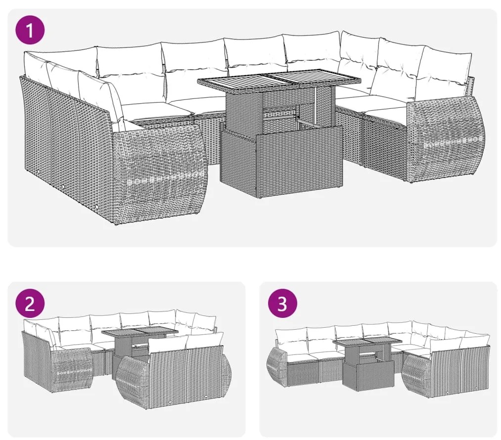 10 pcs conjunto sofás de jardim c/ almofadões vime PE cinzento