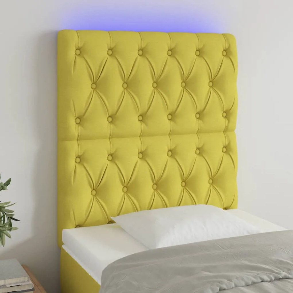 vidaXL Cabeceira de cama c/ luzes LED tecido 80x7x118/128 cm verde