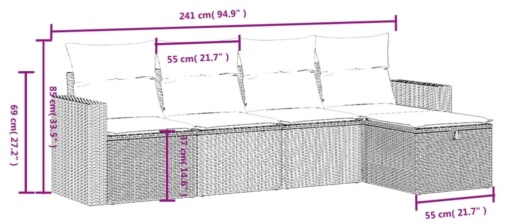 5 pcs conj. sofás jardim c/ almofadões vime PE cinzento-claro