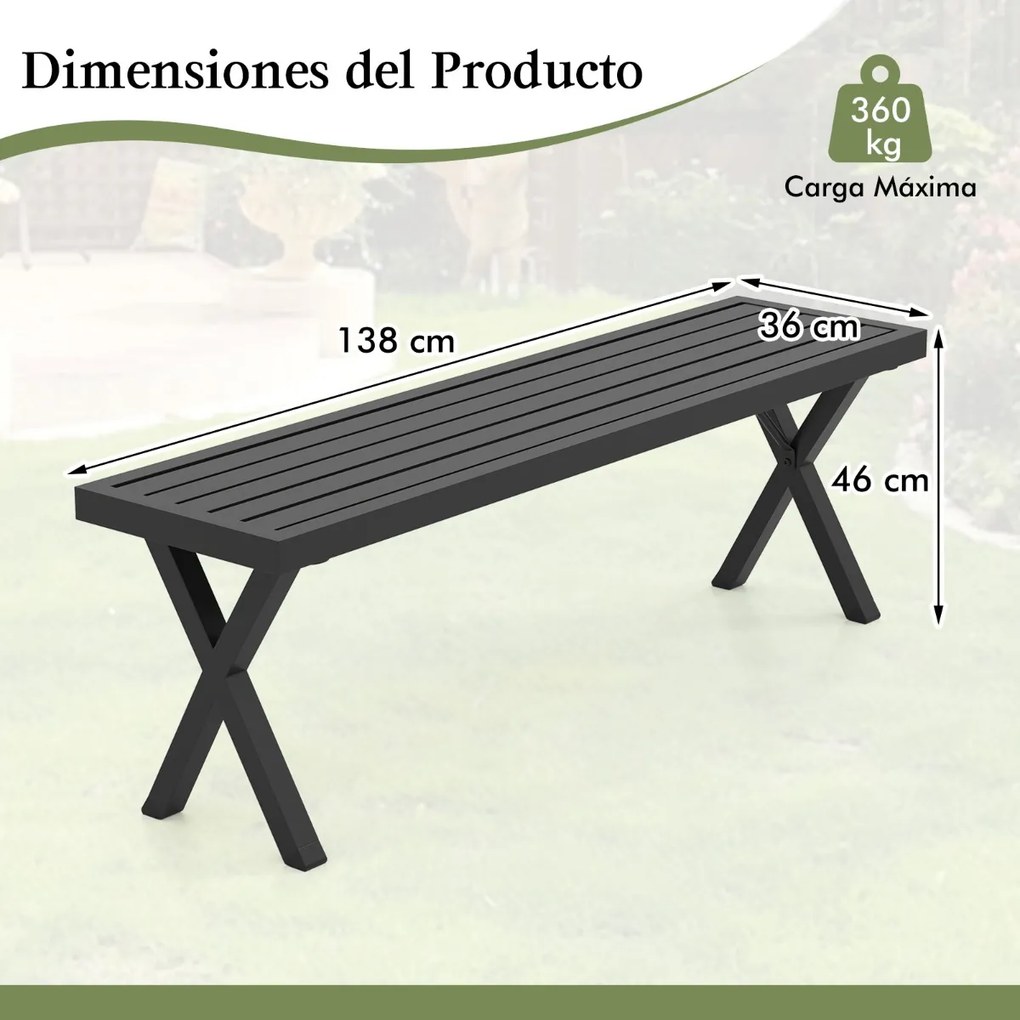 Banco de metal para jardim para 2 pessoas com assento de ripas e pernas X 138 x 36 x 46 cm Preto