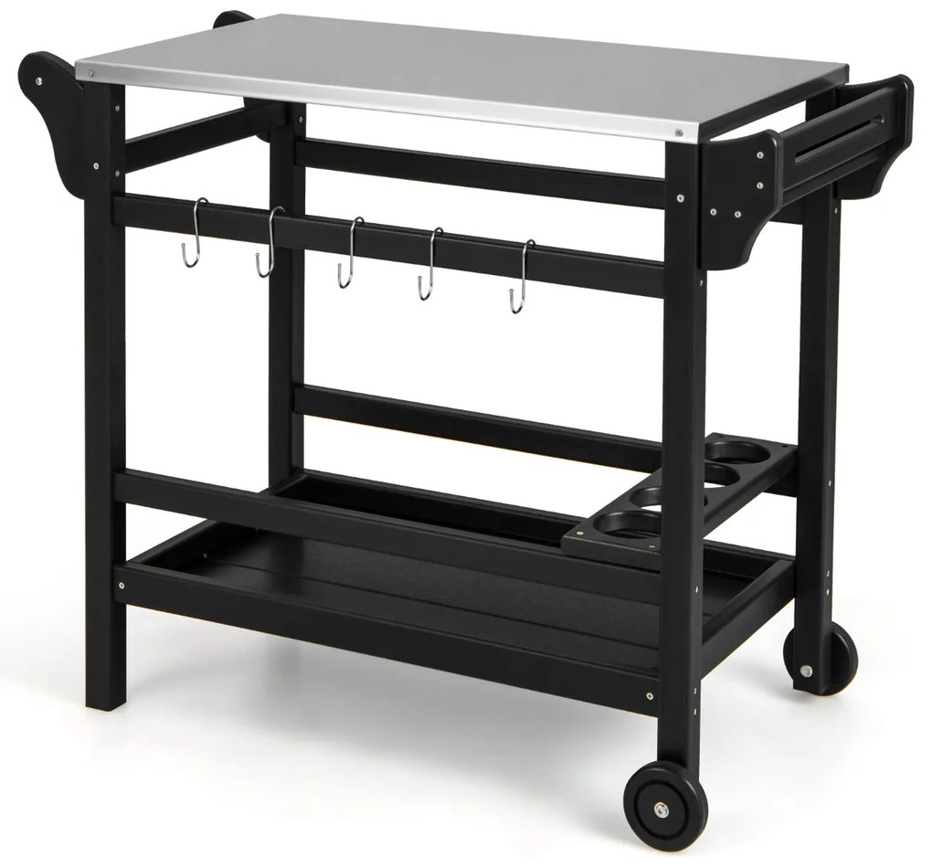 Carrinho de cozinha e de jardim com suporte para forno de pizza em PEAD com rodas Mesa para garrafas de vinho em aço inoxidável 105 x 54 x 85 cm Preto