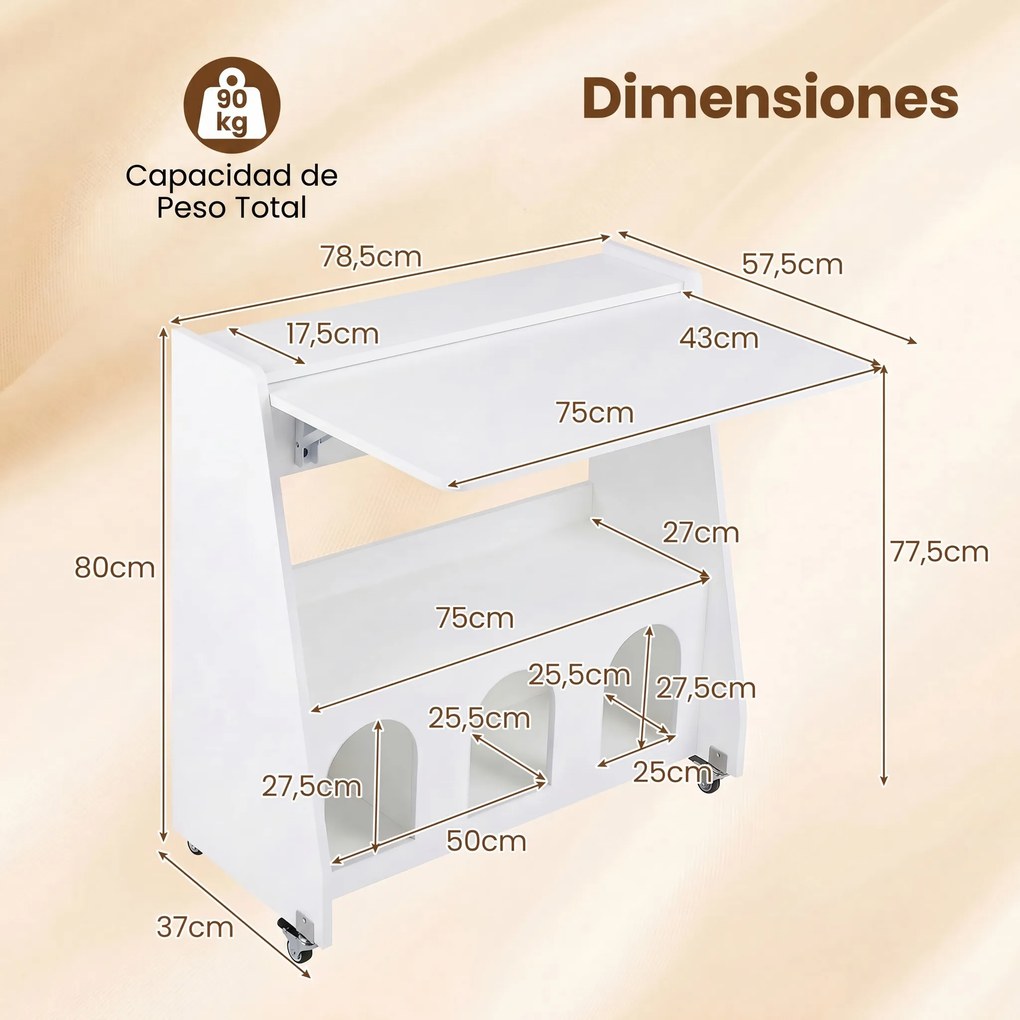 Secretária para Computador com Rodas, 78,5 x 57,5 x 80 cm, Ala Lateral Dobrável, Branco