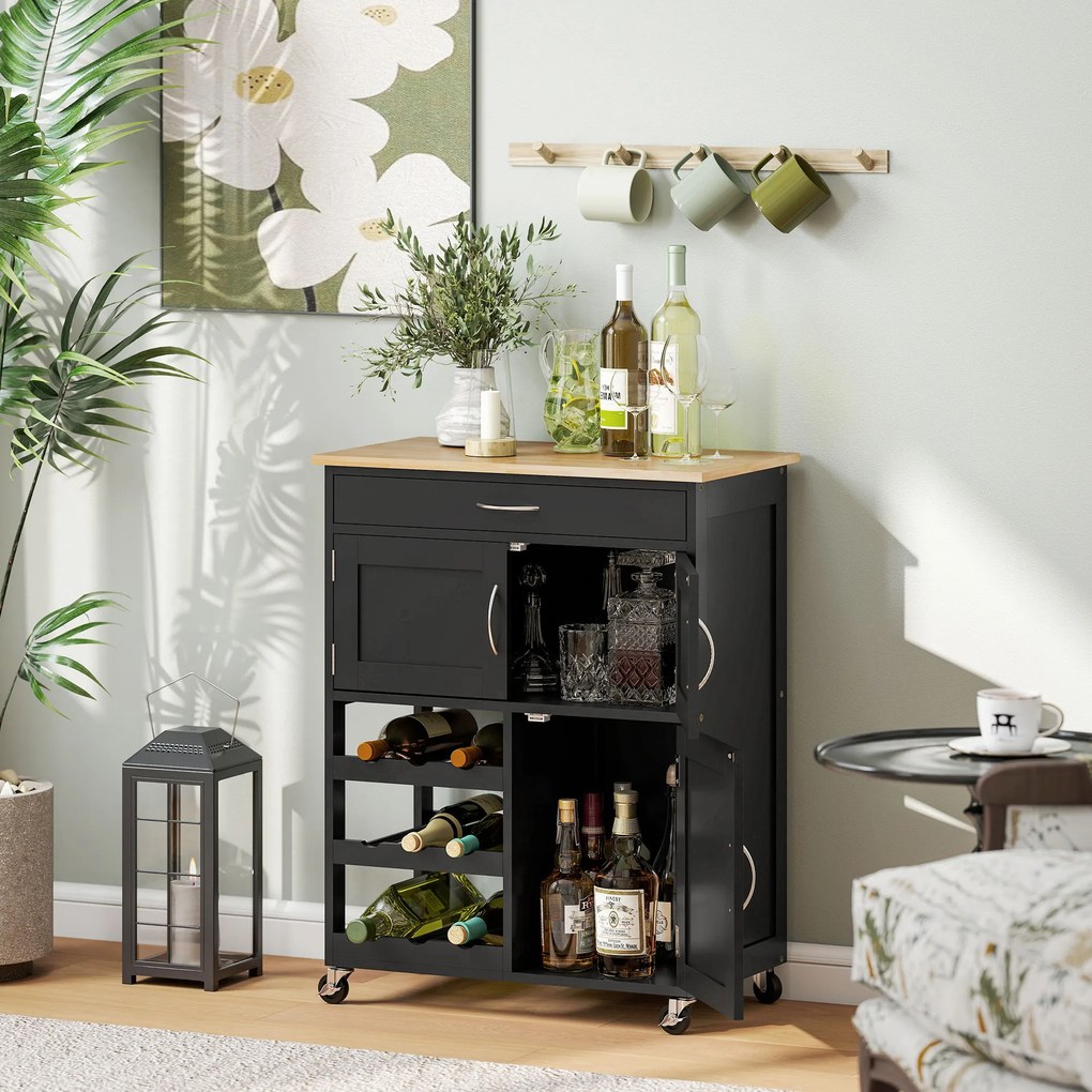 Carrinho de Cozinha com Rodas 2 Armários de Arrumação Gaveta e 3 Prateleiras Abertas para 9 Garrafas 67x37x87 cm Preto