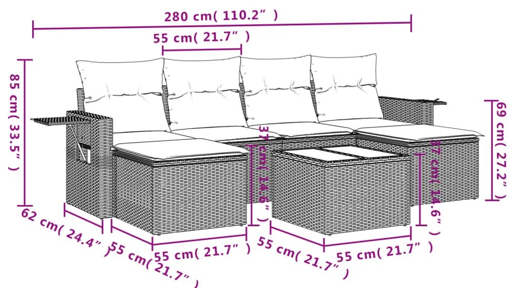 7 pcs conjunto de sofás p/ jardim c/ almofadões vime PE preto