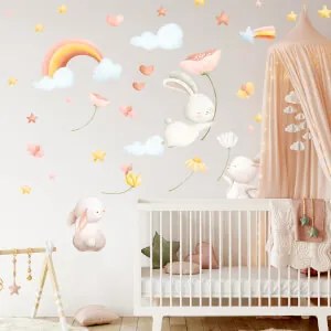 Autocolante de parede - Coelhos com flores e arco-íris