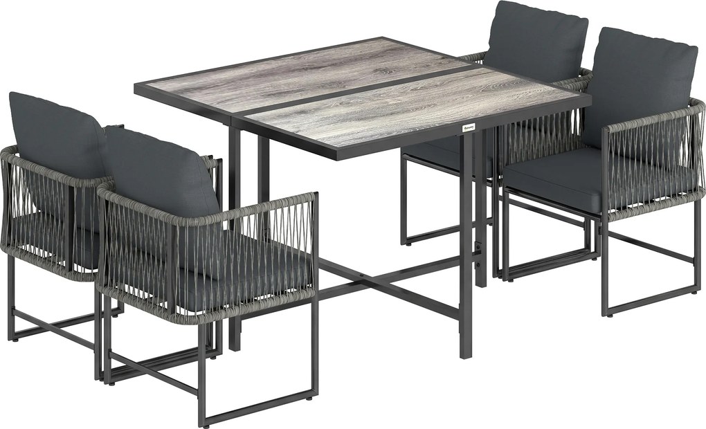 Outsunny Conjunto de Móveis de Jardim em Polirratã 5 peças Economiza Espaço com Mesa e 4 Cadeiras Tampo DPC Almofadas Cinza | Aosom Portugal