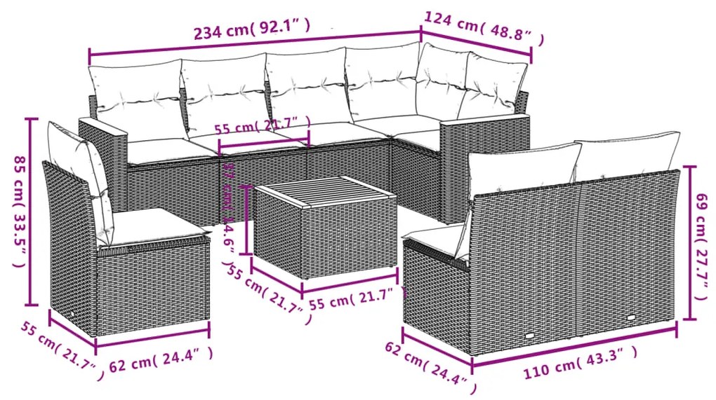 9 pcs conjunto sofás p/ jardim com almofadões vime PE cinzento