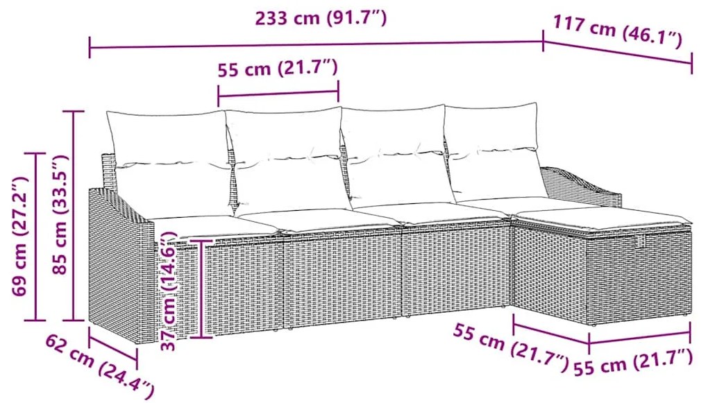 Conjunto de Sofá de Jardim de 5 Peças com Almofadas Marrons em Rattan