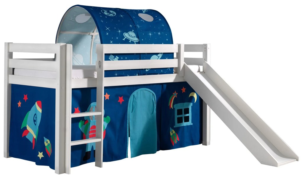 Conjunto Cama alta de Criança PINO 90 x 200 cm + estrado + escada + escorrega + cortina + túnel Astronauta branca