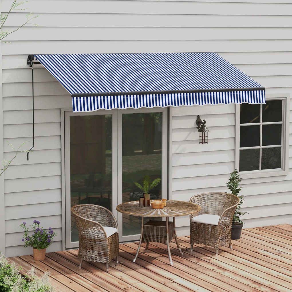 Toldo manual retrátil para varanda 295 L x 247 L cm, com inclinação ajustável, manivela, estrutura em alumínio e tecido de poliéster azul e branco