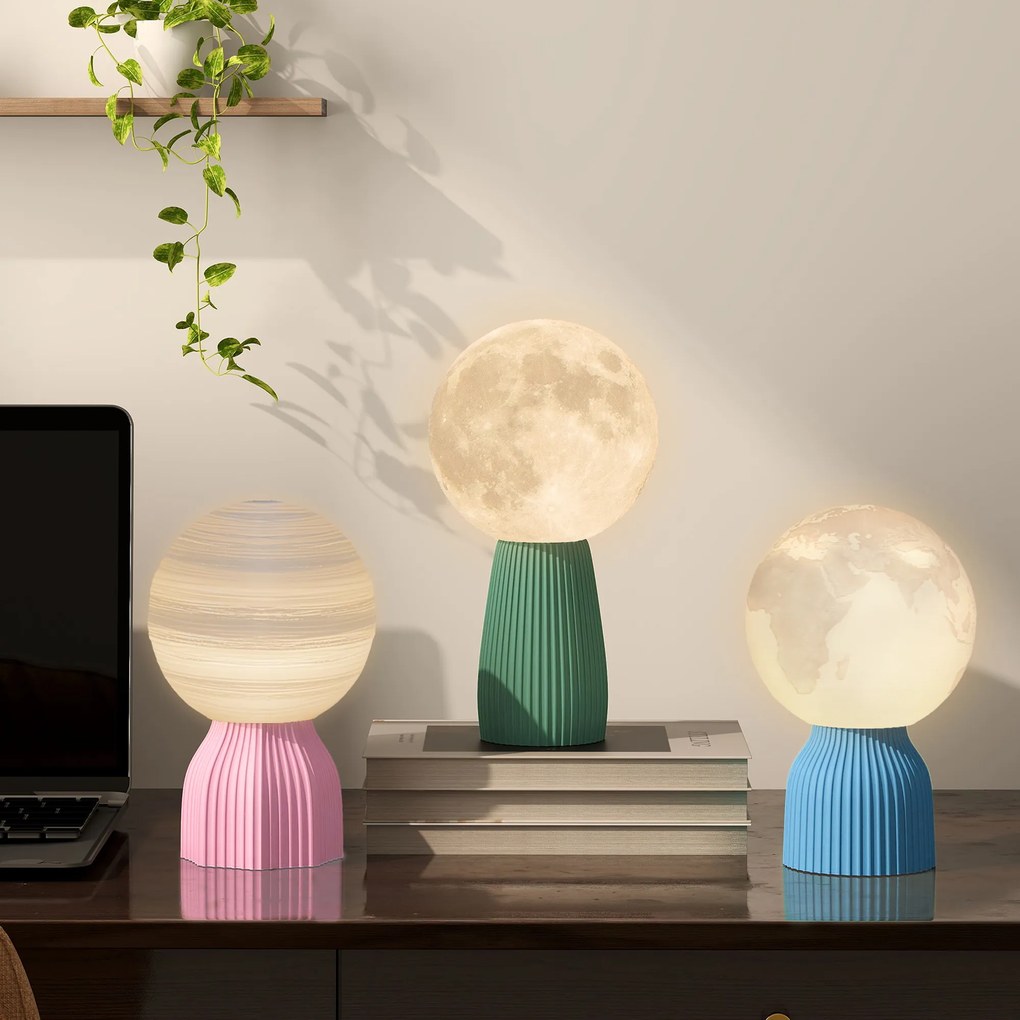 Conjunto de 3 Candeeiros de Mesa de Cabeceira 3D Candeeiros de Mesa com 3 Cores Brilho Ajustável em 10 Níveis Conexão USB Branco