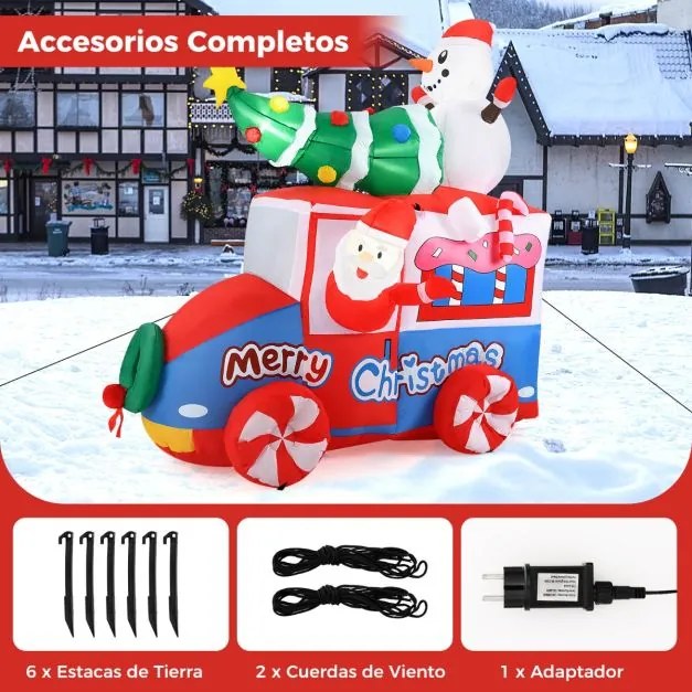 Pai Natal insuflável de 177 cm em carro de Natal Veículo festivo com boneco de neve, árvore de Natal e coroa de flores 5 luzes LED e Ventilador Multi