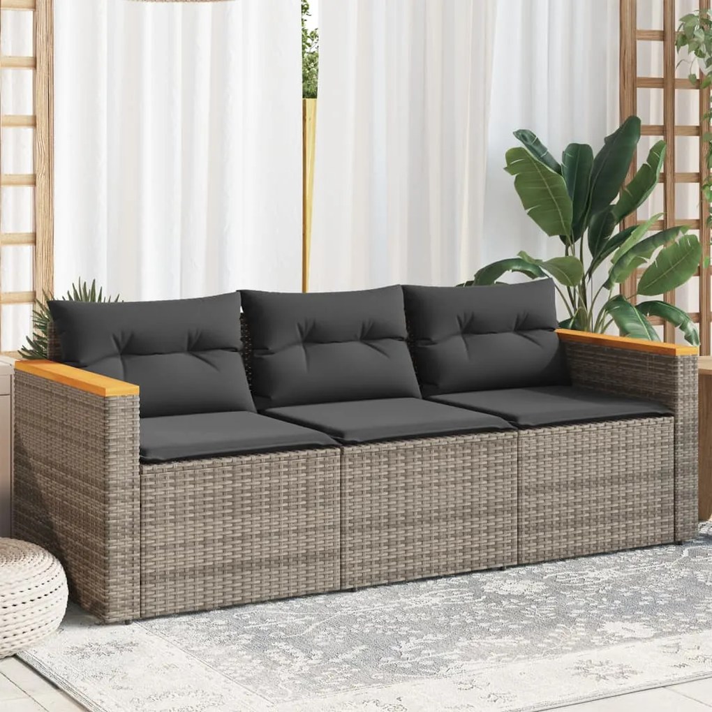 vidaXL Sofá de jardim de 3 lugares com almofadões vime PE cinzento