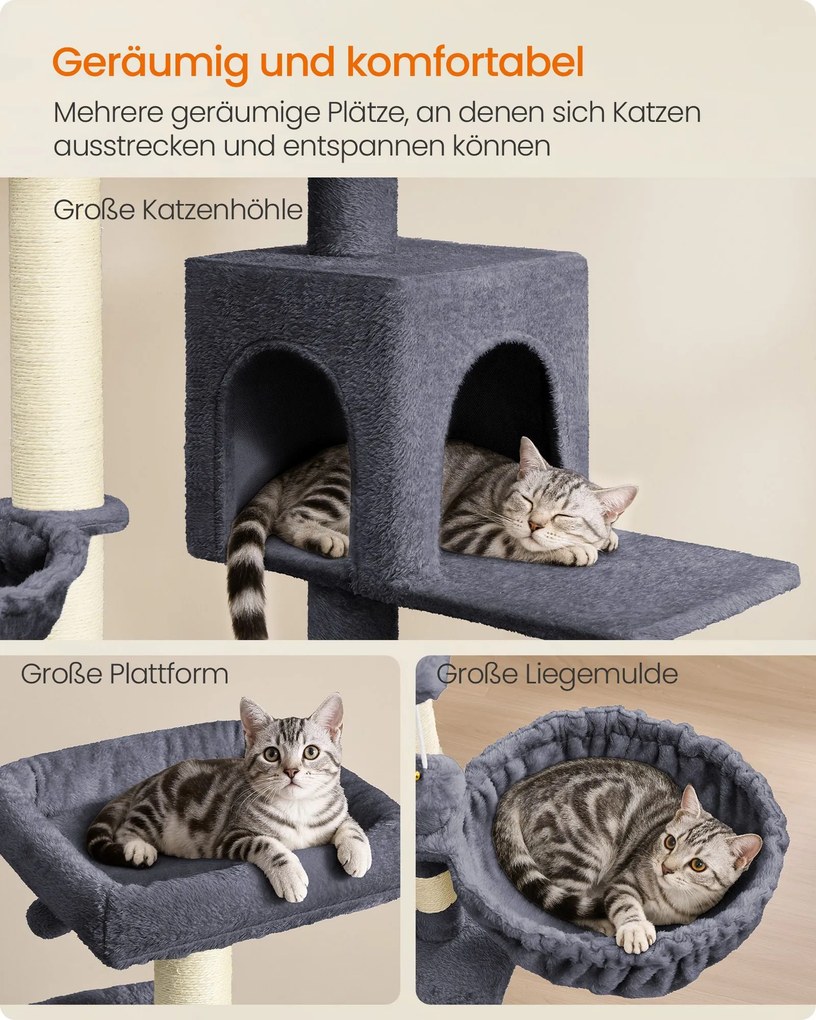 Arranhador para gatos 55 x 55 x 174 cmcom plataforma grande e cavidade dupla, cinzento escuro