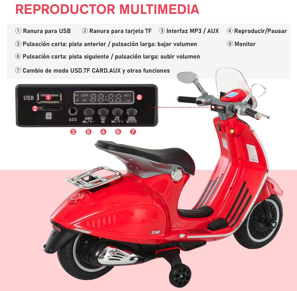 HOMCOM Mota Elétrica Vespa com Faróis Música 2 Rodas Auxiliares para C