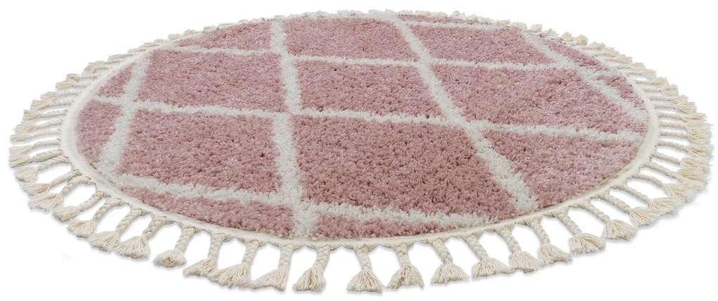 Tapete BERBER TROIK A0010 redondo cor de rosa/branco Franjas berbere marroquino shaggy