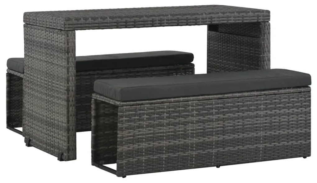 vidaXL Conjunto jantar p/ exterior com almofadões 3 pcs vime cinzento