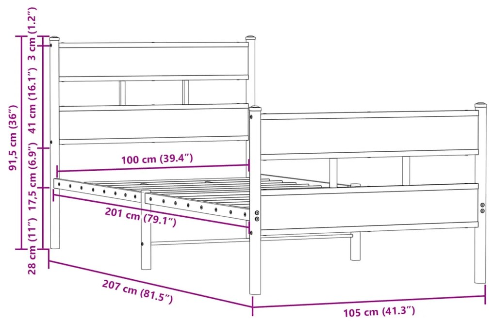 Cama sem colchão com cabeceira e pés 100x200 cm