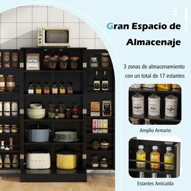 Armario cozinha despensa com 2 portas e 16 estantes para sala jantar, cozinha 60 x 40 x 120 cm Preto