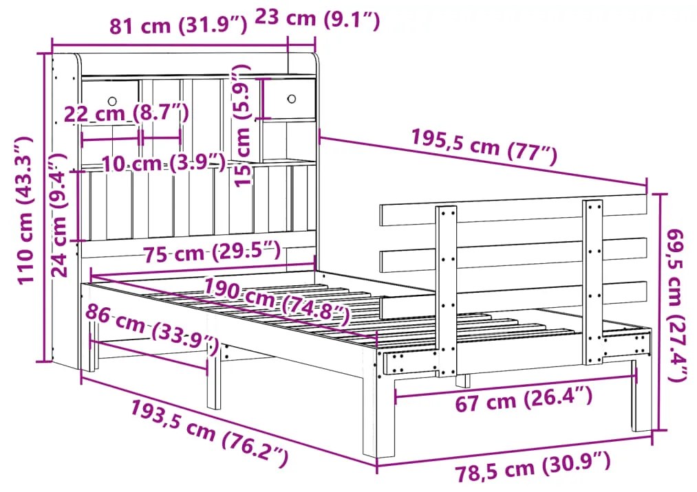 Cama com estante sem colchão 75x190cm pinho maciço castanho-mel