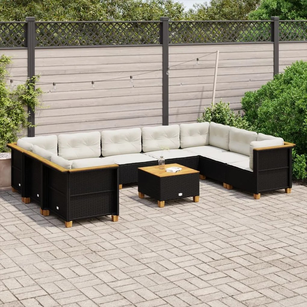 10 pcs conjunto sofás de jardim c/ almofadões vime PE preto
