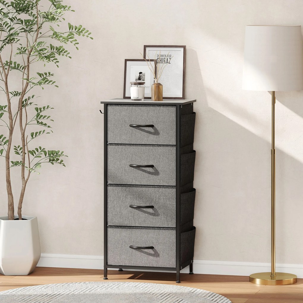 Cómoda com 4 gavetas em tecido 45 L x 30 P x 94,5 A cm, móvel de arrumação com 4 bolsos, 2 ganchos, estrutura em aço, cinzento
