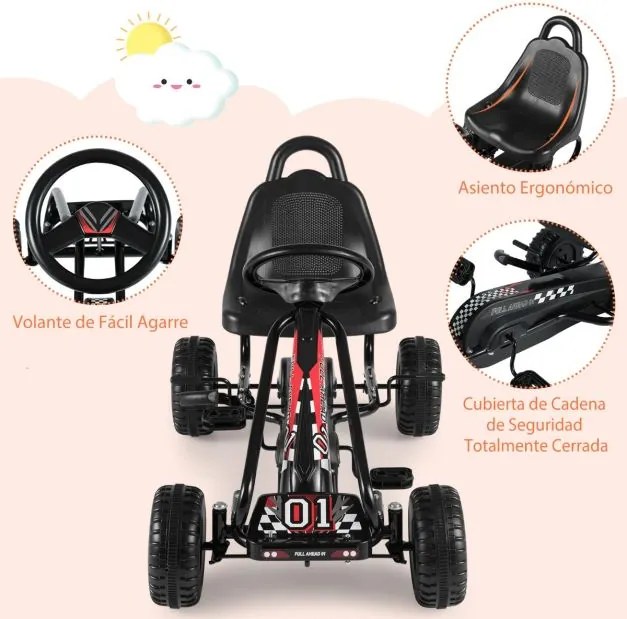 Karts a pedais para crianças com 4 rodas antiderrapantes, assento envolvente e travão de mão, 92 x 50 x 53 cm, preto.