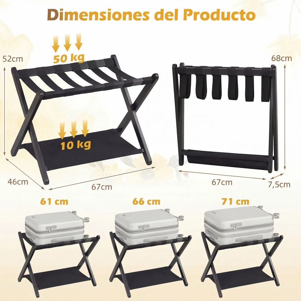 Porta-bagagens dobrável de dois níveis em madeira de borracha 67 x 46 x 52 cm, com prateleiras de nylon e Estrutura em X, para quartos de hotel, preto