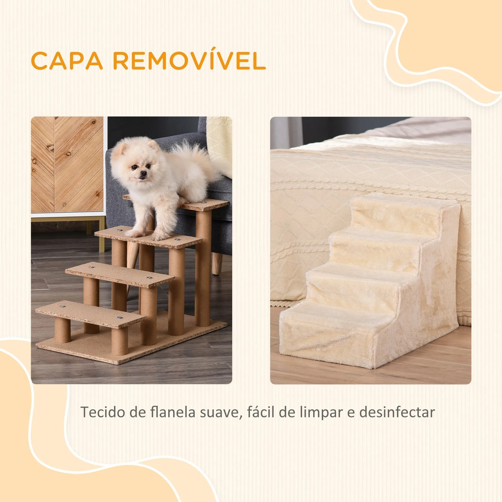 Escada para Animais de Estimação com 4 Degraus 2 em 1 com Capa Removível e Lavável Escada 60x35x44 cm Bege