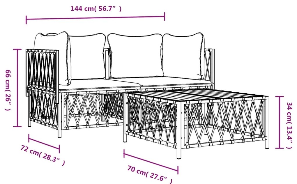 3 pcs conjunto lounge de jardim com almofadões aço antracite