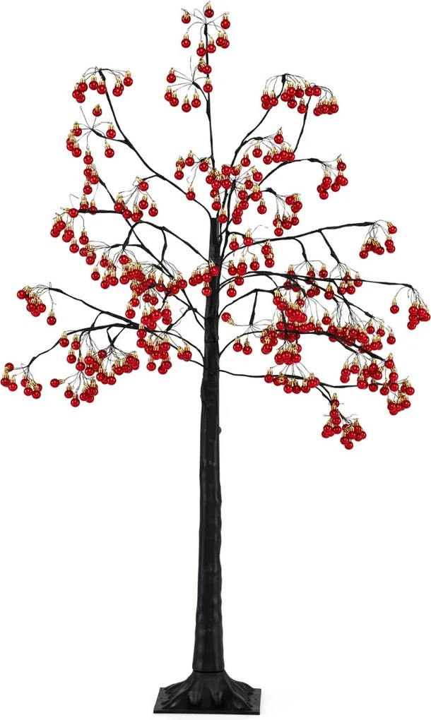 Árvore de Natal artificial de 150 cm com ramos flexíveis, 384 bolas vermelhas, 480 luzes LED brancas quentes e estacas de fixação preta