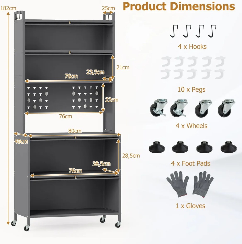 Armário de cozinha 80 x 40 x 178 cm com 6 níveis com prateleiras Portas basculantes Bancada para micro-ondas Cinzento