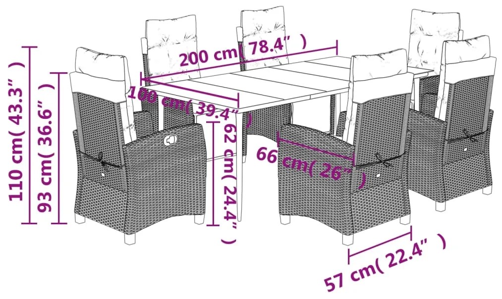 7 pcs conj. jantar jardim c/ almofadões vime PE bege misturado