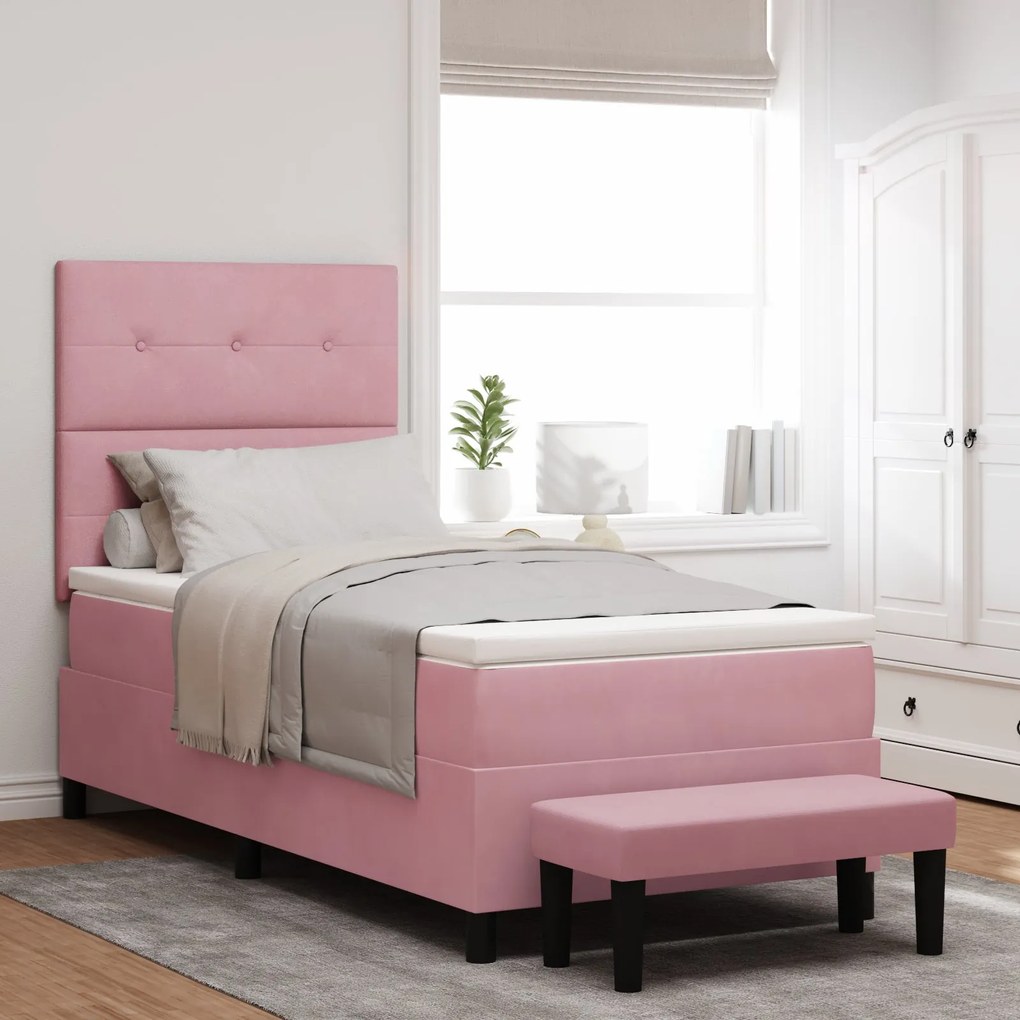 Cama Box Spring com Colchão e Banco Rosa 90x190 cm Veludo