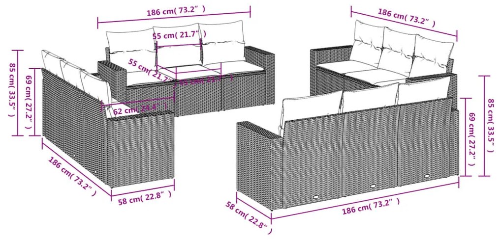 12 pcs conj. sofás jardim com almofadões vime PE cinzento-claro