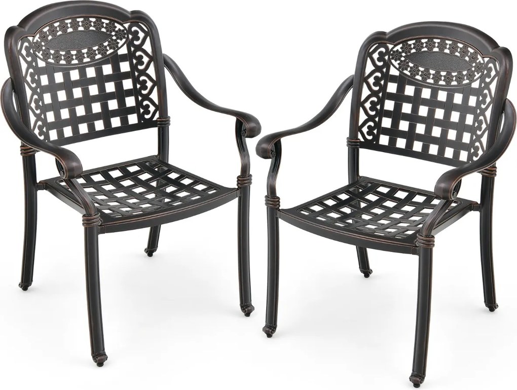 Conjunto jardim de 2 cadeiras empilháveis em alumínio fundido com braços e mesa auxiliar redonda para exterior (jardim, terraço), cor bronze