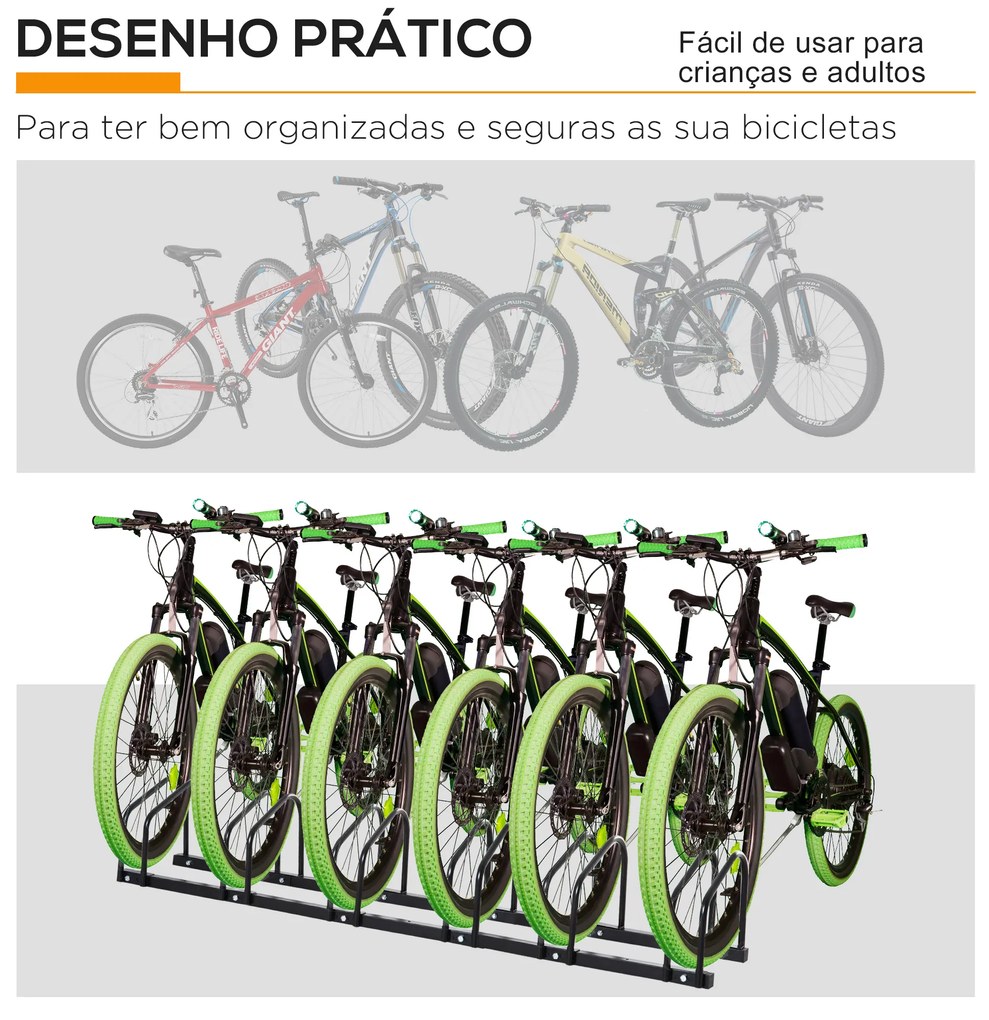 HOMCOM Estacionamento para 6 Bicicletas Suporte de Aço para Estacionar Bicicletas no Chão para Interior e Exterior 179x33x27 cm Preto