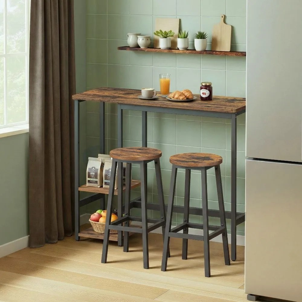 Conjunto de mesa de bar com prateleira, com 2 bancos, estrutura metálica castanho-preto