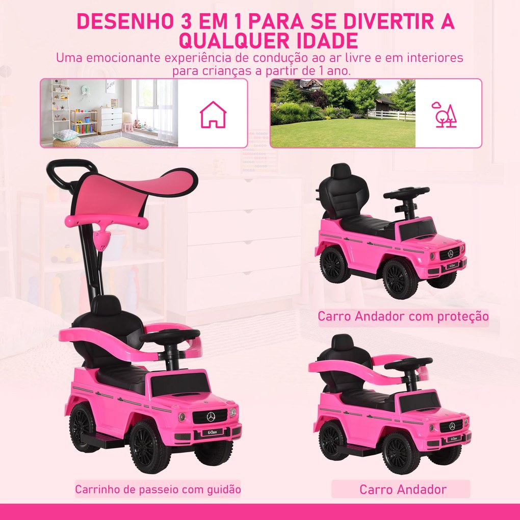 Carro Andador para Crianças Mercedes G350 com Buzina Capota Removível Encosto e Suporte de Proteção 85,5x40,5x95 cm Rosa