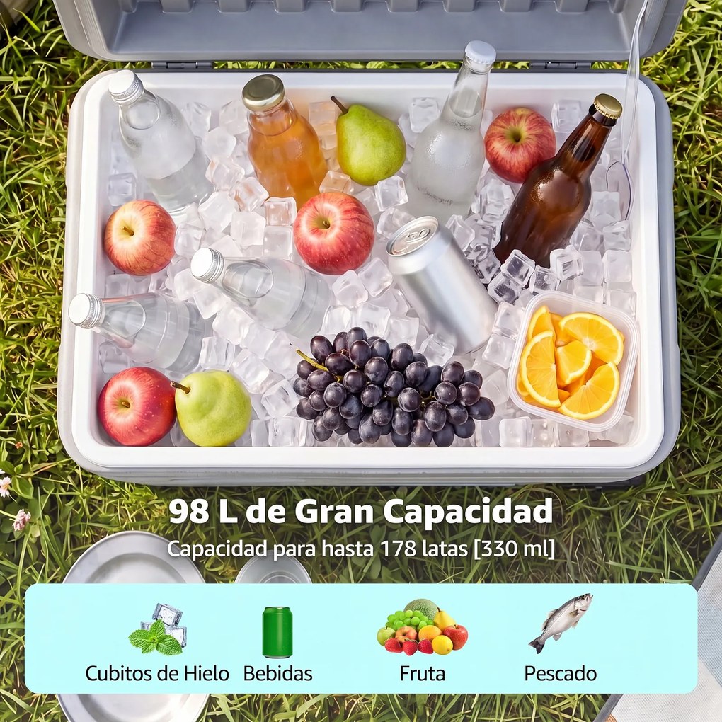 Geleira Térmica Portátil, 76 x 47 x 44,5 cm, Grande Capacidade de 98 L, Cinzento