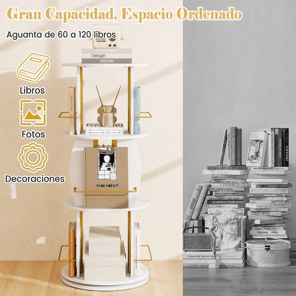 Estante Giratória de 3 Níveis para Livros, 40 x 40 x 107,5 cm, Rotação de 360°, Branco