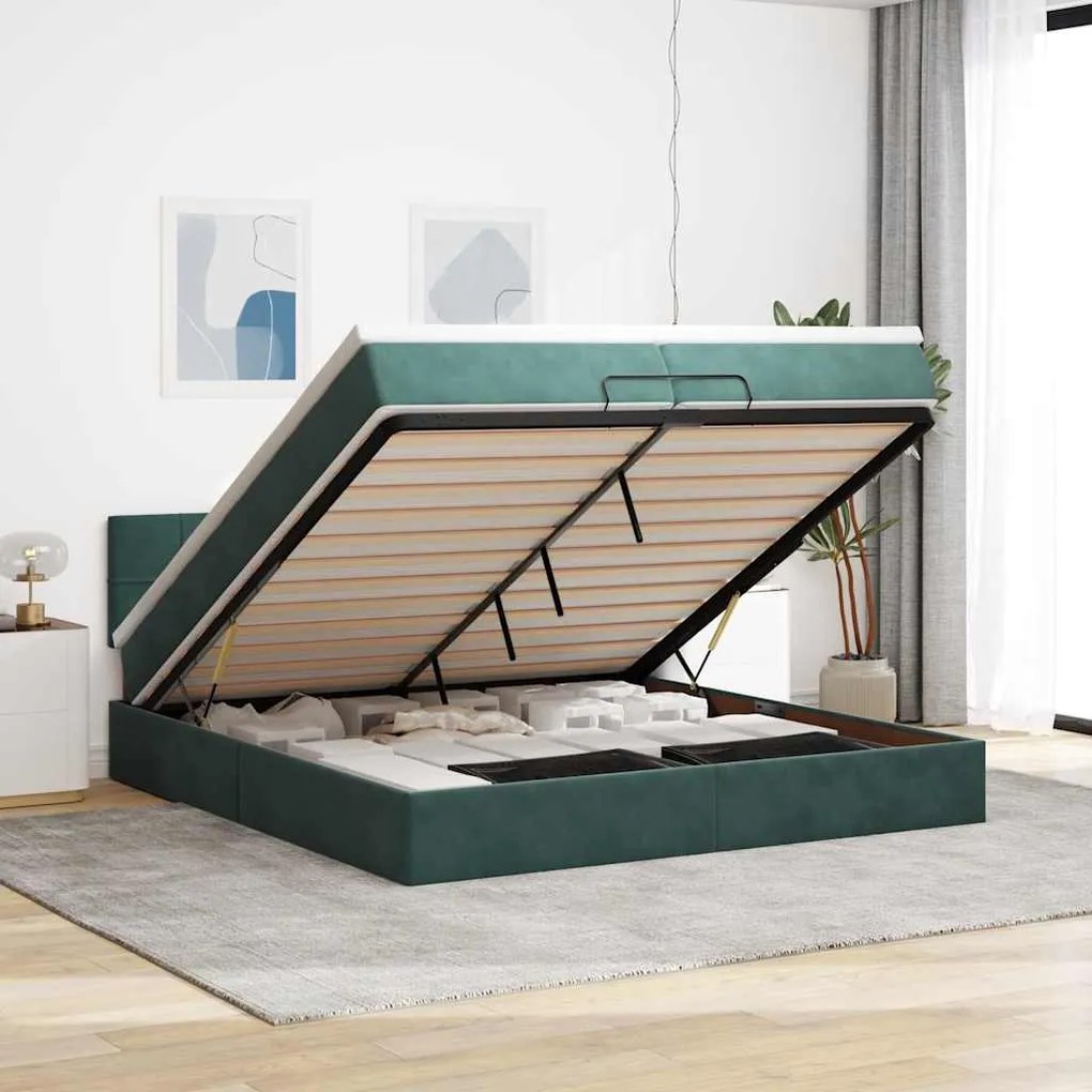 vidaXL Estrutura de cama otomana com colchão 200x200 cm verde escuro